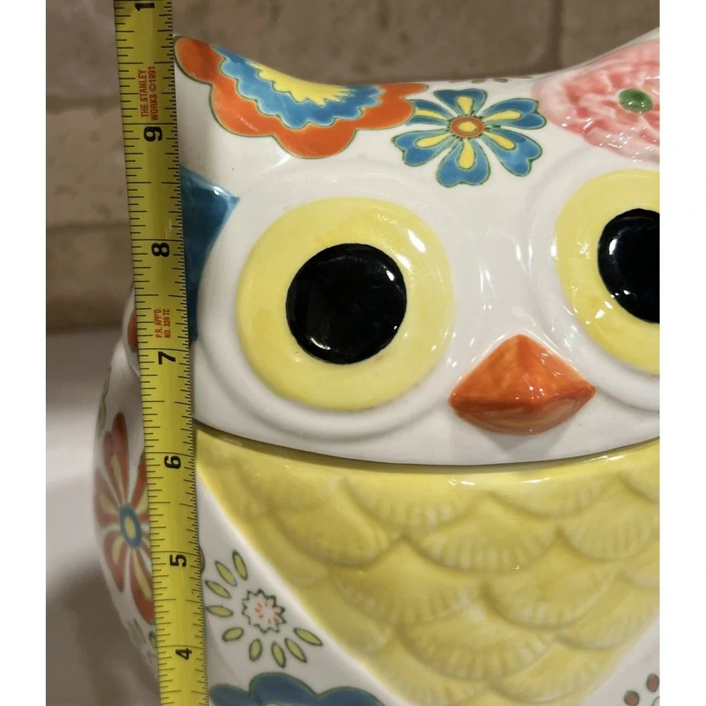 Pier 1 Imports Owl Cookie Stoneware Jar & Lid Yellow, Blue Orange Floral RETIRED